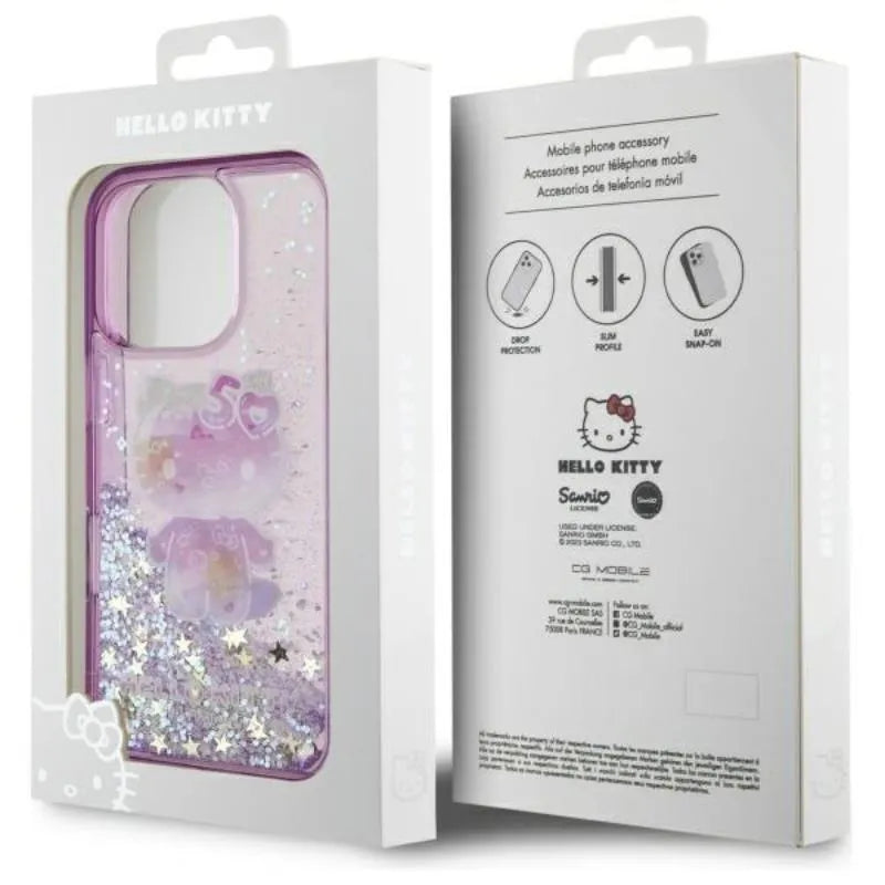 Hello Kitty Liquid Glitter 50TH Anniversary Party – dėklas iPhone 16 Pro Max (violetinis)