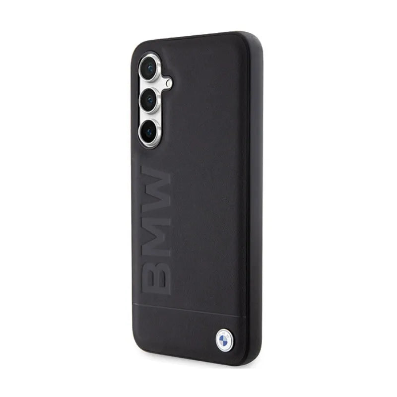 BMW Leather Hot Stamp dėklas Samsung Galaxy S23 FE išmaniajam telefonui (juodas)
