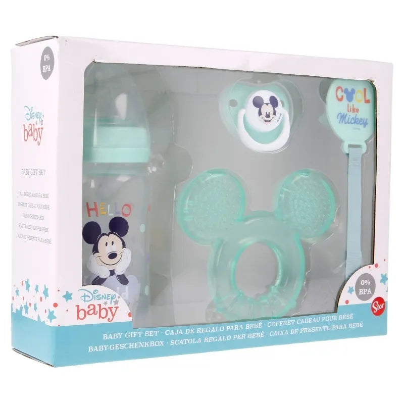 Mickey Mouse – Kūdikių rinkinys (buteliukas su žinduku 240 ml, anatominis čiulptukas, kramtukas, čiulptuko laikiklis) (Cool)