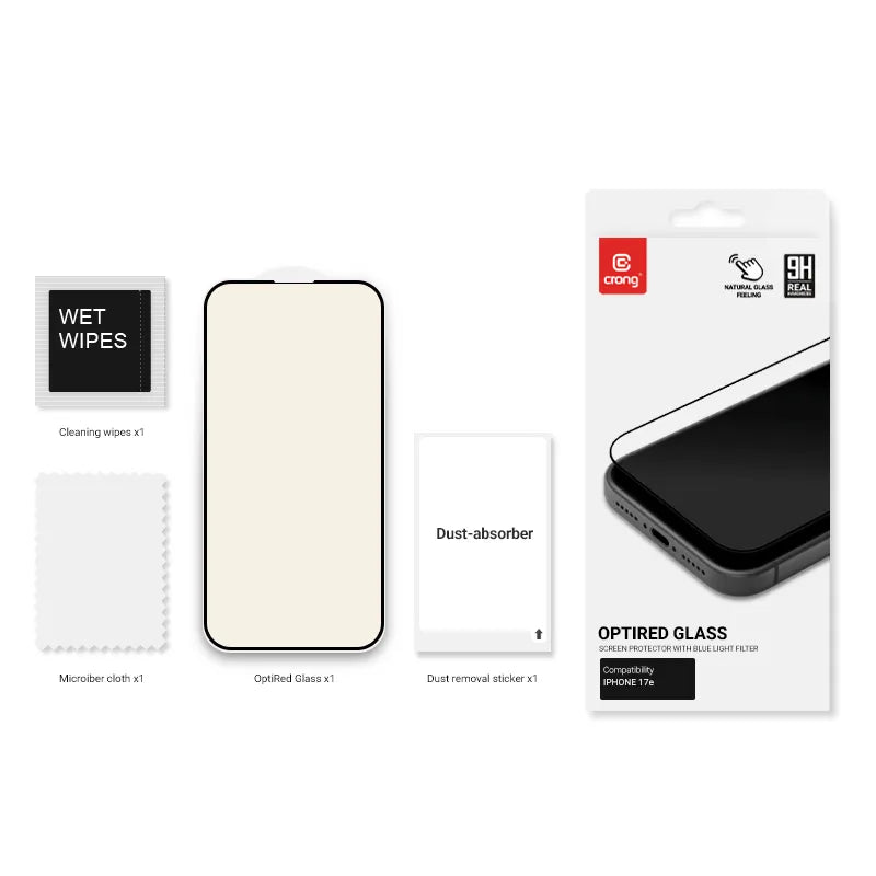 Crong OptiRed Glass – Grūdintas stiklas su mėlynos šviesos filtru iPhone 17e