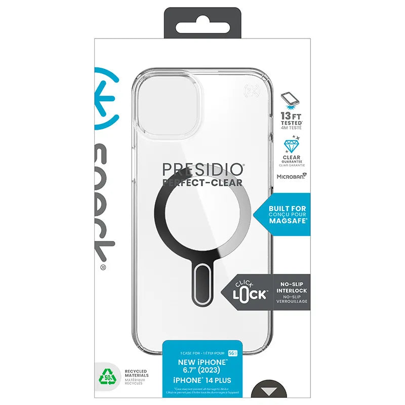 Speck Presidio Perfect-Clear ClickLock & MagSafe - dėklas iPhone 15 Plus / iPhone 14 Plus (skaidrus / chromuota apdaila / Serene Silver)