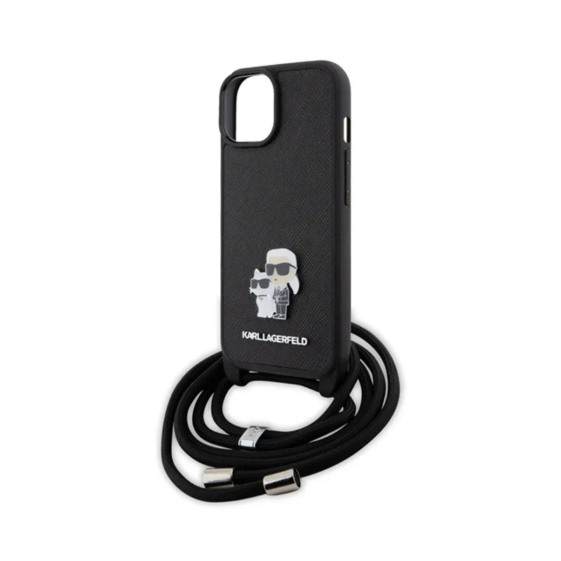 Karl Lagerfeld Crossbody Saffiano Metal Pin Karl & Choupette dėklas, skirtas iPhone 15 Plus (juodas)
