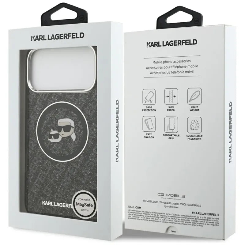 Karl Lagerfeld IML Glitter Karl & Choupette Heads Logo MagSafe – dėklas iPhone 17 Pro Max (juodas)