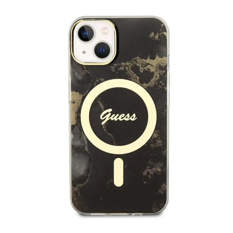 Guess Golden Marble MagSafe – dėklas iPhone 14 (juodas)