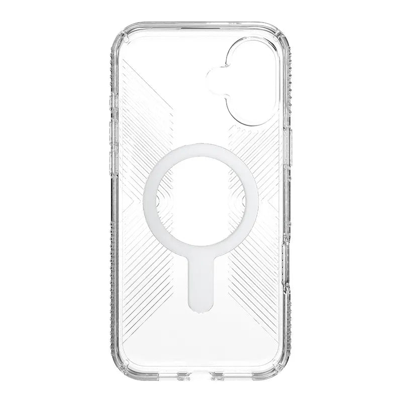 Speck Presidio Perfect-Clear Grip ClickLock & MagSafe – dėklas iPhone 16 Plus (skaidrus / chromuota apdaila / Serene Silver)