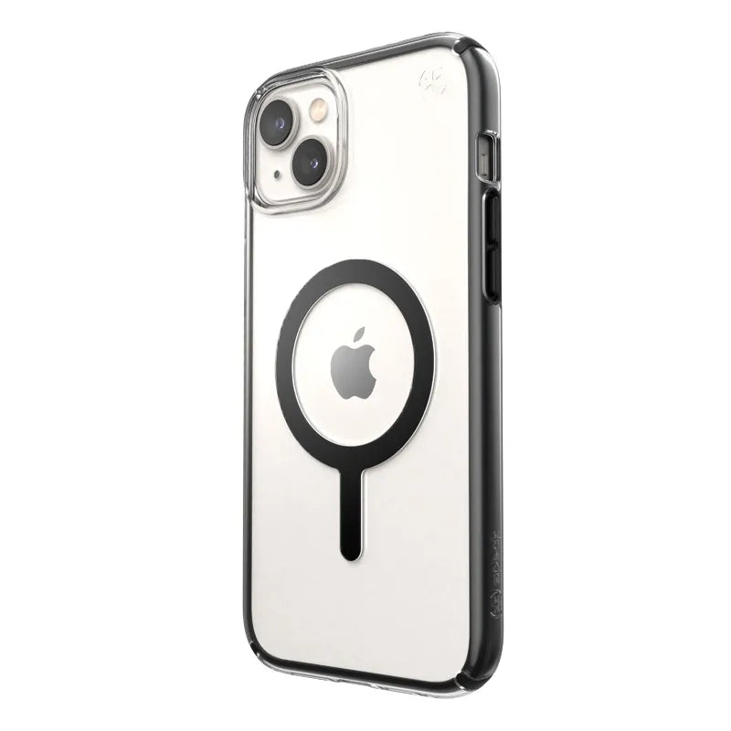 Speck Presidio Perfect-Clear su Impact Geometry® + MagSafe – dėklas, skirtas iPhone 15 Plus / 14 Plus su MICROBAN danga (skaidrus / juodas)