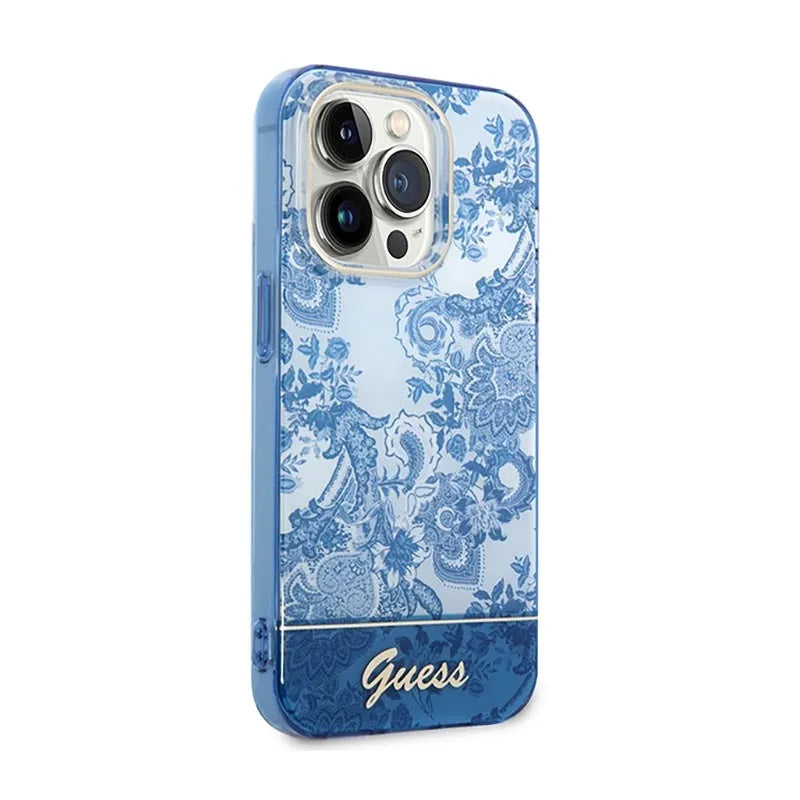 „Guess Porcelain Collection“ – dėklas „iPhone 14 Pro Max“ telefonui (mėlynas)