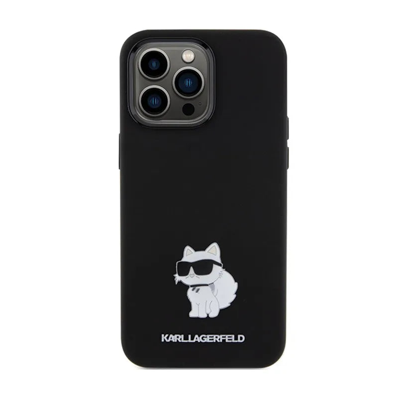 Karl Lagerfeld Silicone Choupette Metal Pin – dėklas iPhone 15 Pro Max (juodas)