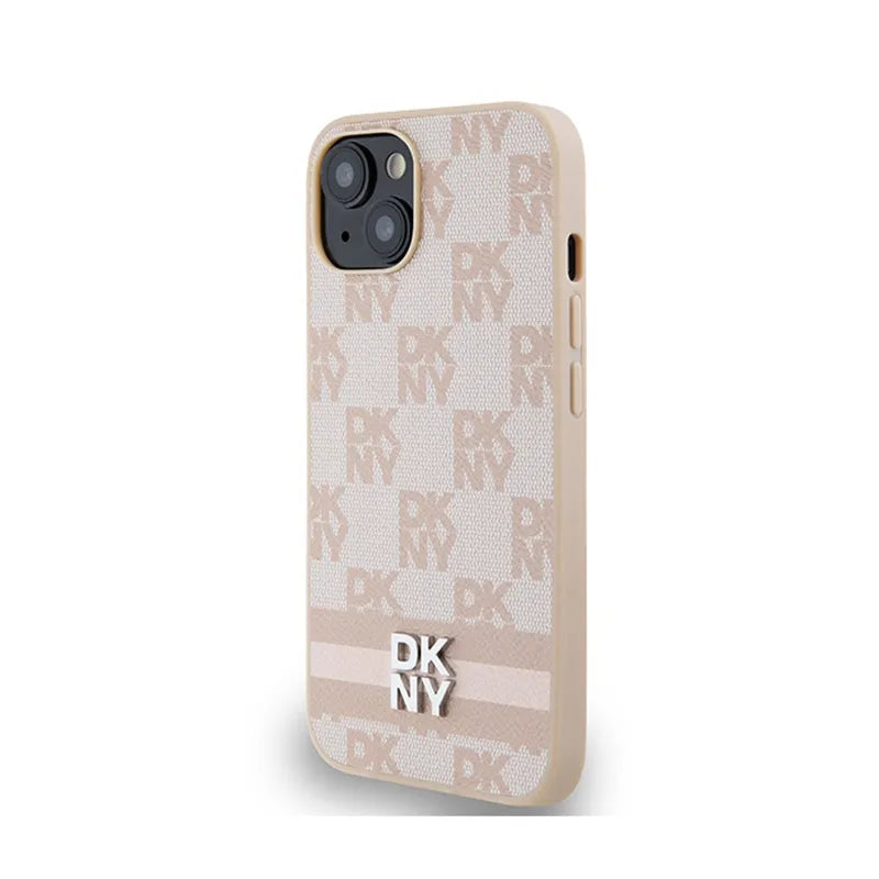 DKNY Leather Checkered Mono Pattern & Printed Stripes – dėklas skirtas iPhone 15 / 14 / 13 (rožinis)