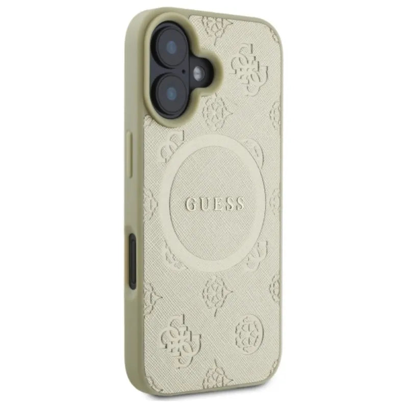 Guess Saffiano Peony Classic Logo MagSafe – dėklas iPhone 16 (auksinis)