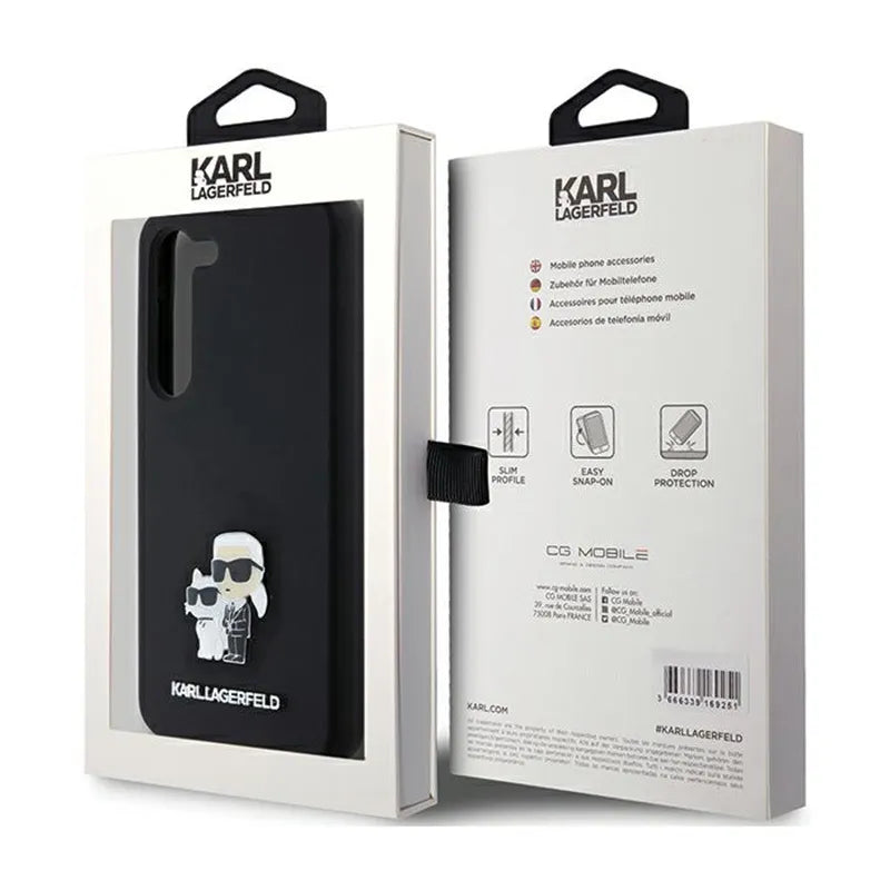 Karl Lagerfeld Silicone Karl & Choupette Metal Pin – dėklas Samsung Galaxy S24 (juodas)
