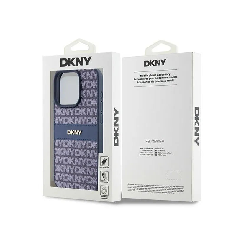 DKNY Leather Mono Stripe & Metal Logo – dėklas iPhone 15 Pro (mėlynas)