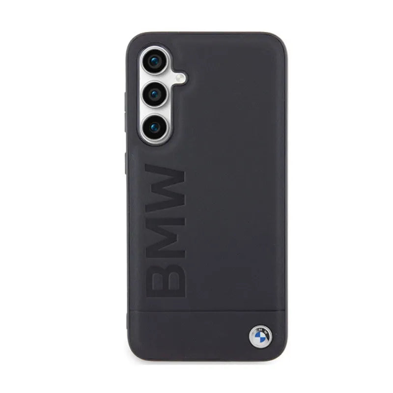 BMW Leather Hot Stamp dėklas Samsung Galaxy S23 FE išmaniajam telefonui (juodas)
