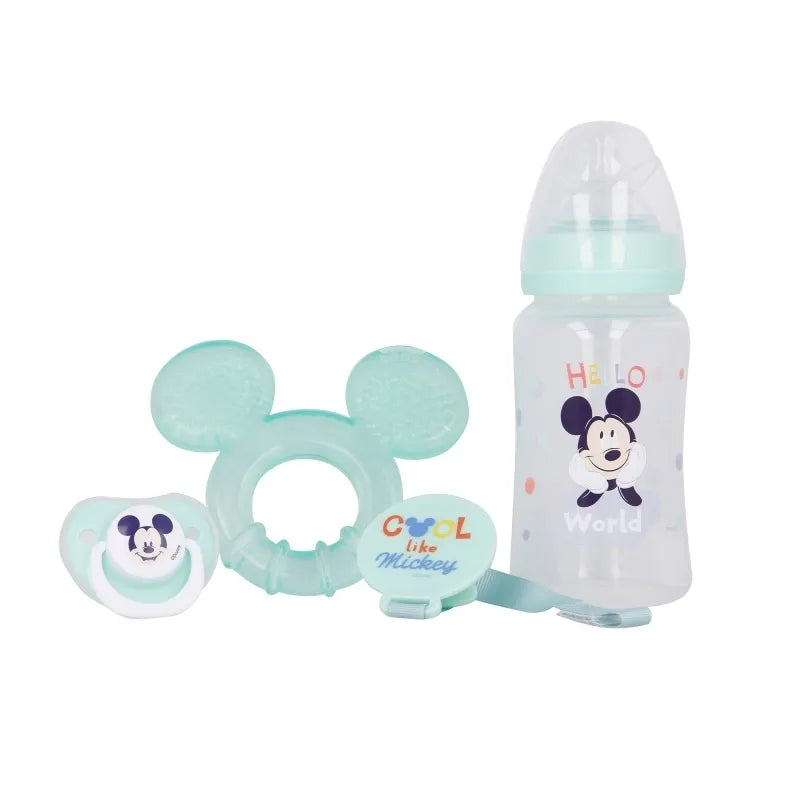 Mickey Mouse – Kūdikių rinkinys (buteliukas su žinduku 240 ml, anatominis čiulptukas, kramtukas, čiulptuko laikiklis) (Cool)
