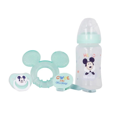 Mickey Mouse – Kūdikių rinkinys (buteliukas su žinduku 240 ml, anatominis čiulptukas, kramtukas, čiulptuko laikiklis) (Cool)