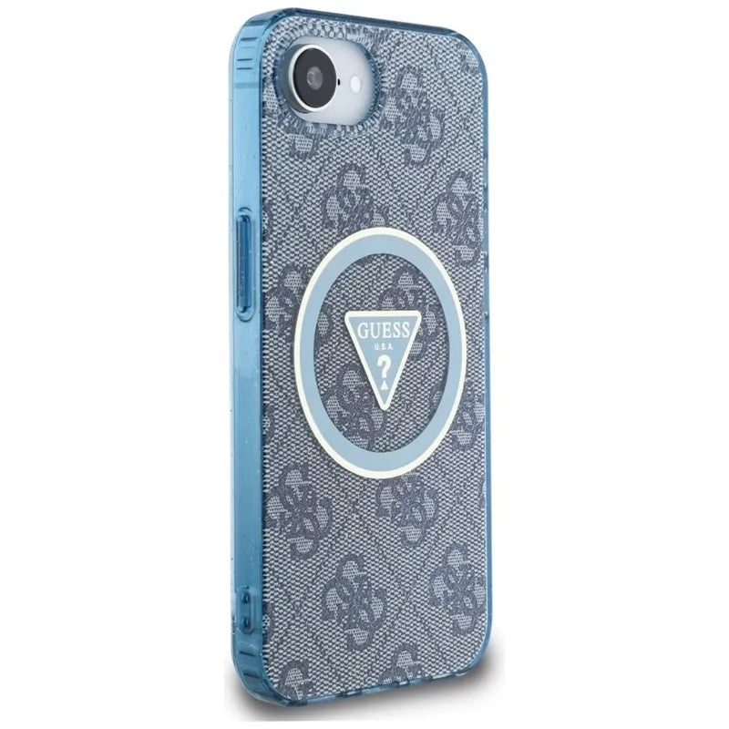 Guess IML Metal Glitter 4G Circle Triangle MagSafe – dėklas iPhone 16e (mėlynas)