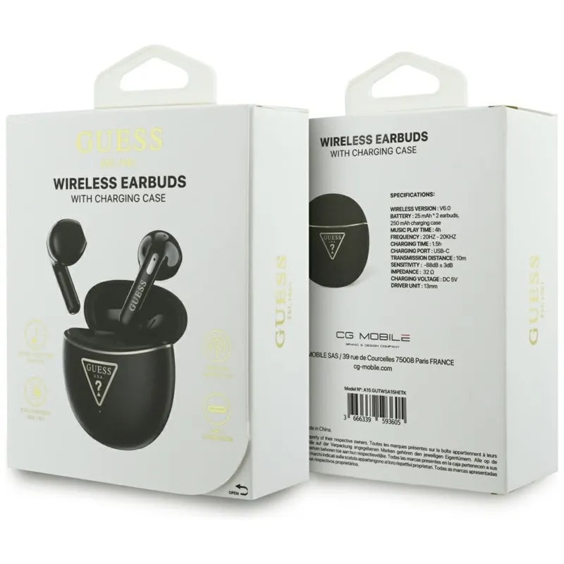 Guess Gold Line Triangle – TWS Bluetooth ausinės + įkrovimo dėklas (juodos)