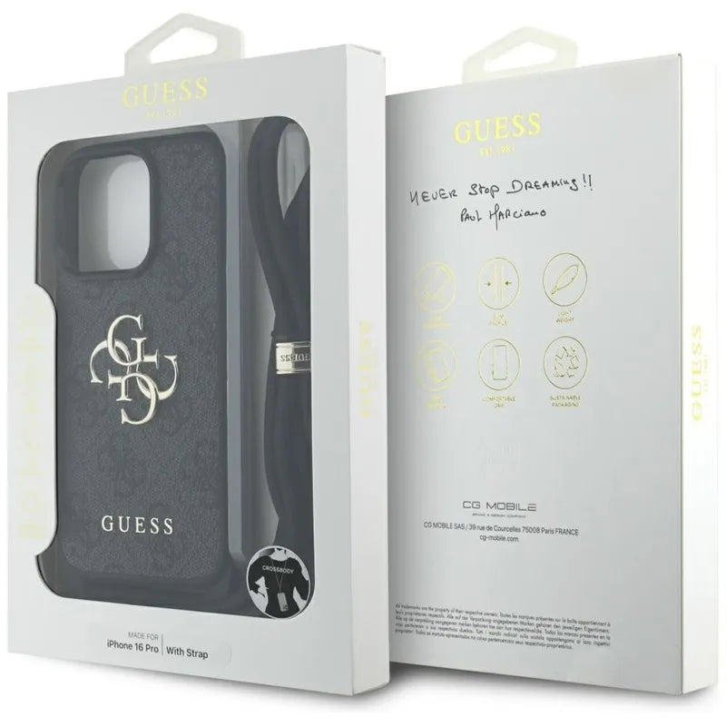 Guess 4G Big Logo Cord Strap Crossbody – dėklas iPhone 16 Pro (juodas)