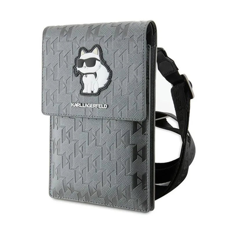 Karl Lagerfeld Saffiano Monogram Choupette – telefono krepšys per petį (sidabrinis)