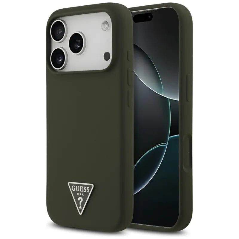 Guess Silicone Triangle Logo MagSafe dėklas iPhone 17 Pro (chaki spalvos)