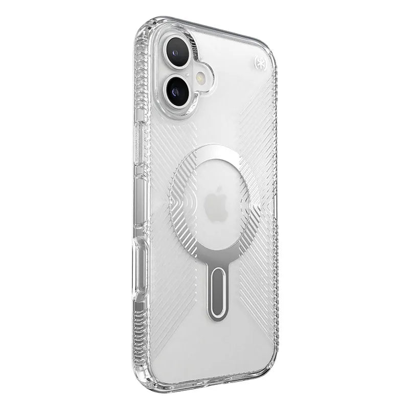 Speck Presidio Perfect-Clear Grip ClickLock & MagSafe – dėklas iPhone 16 Plus (skaidrus / chromuota apdaila / Serene Silver)