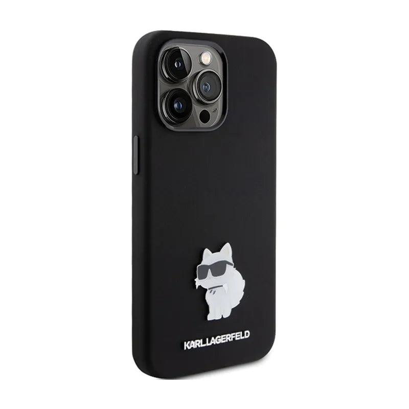 Karl Lagerfeld Silicone Choupette Metal Pin – dėklas iPhone 15 Pro Max (juodas)