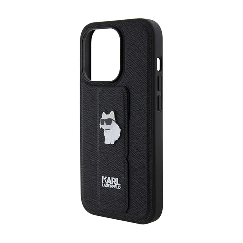 Karl Lagerfeld Gripstand Saffiano Choupette Pins – dėklas iPhone 14 Pro (juodas)