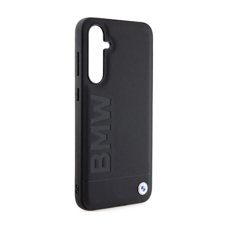 BMW Leather Hot Stamp dėklas Samsung Galaxy S23 FE išmaniajam telefonui (juodas)