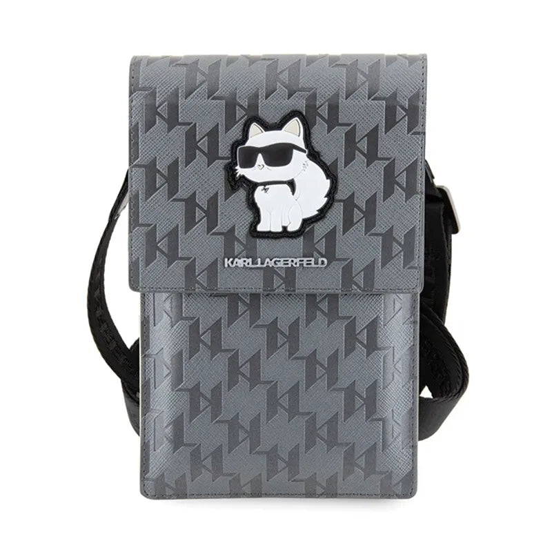 Karl Lagerfeld Saffiano Monogram Choupette – telefono krepšys per petį (sidabrinis)