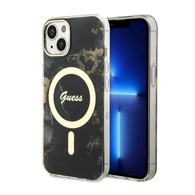 Guess Golden Marble MagSafe – dėklas iPhone 14 Plus telefonui (juodas)