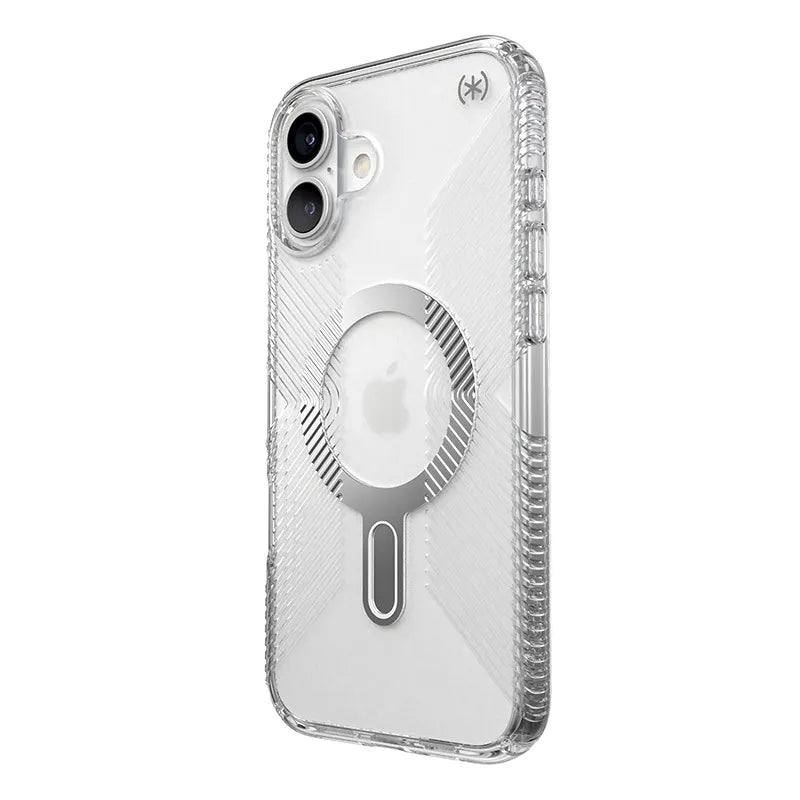 Speck Presidio Perfect-Clear Grip ClickLock & MagSafe – dėklas iPhone 16 Plus (skaidrus / chromuota apdaila / Serene Silver)