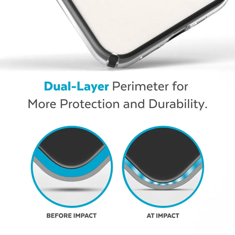 Speck Presidio Perfect-Clear su Impact Geometry® + MagSafe – dėklas, skirtas iPhone 15 Plus / 14 Plus su MICROBAN danga (skaidrus / juodas)