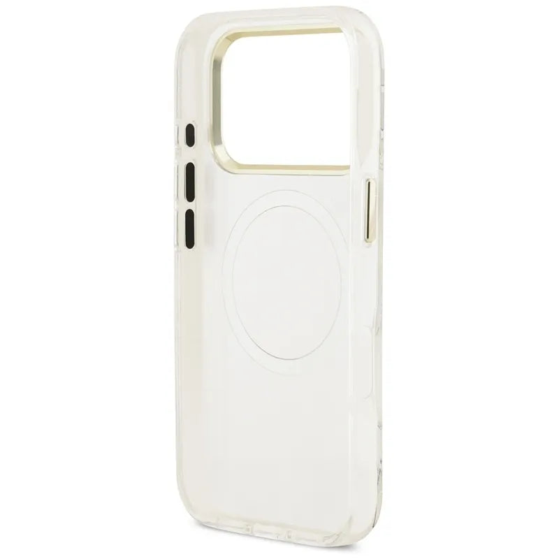 Guess IML Glitter Flowers Triangle MagSafe – dėklas iPhone 17 Pro Max (baltas)