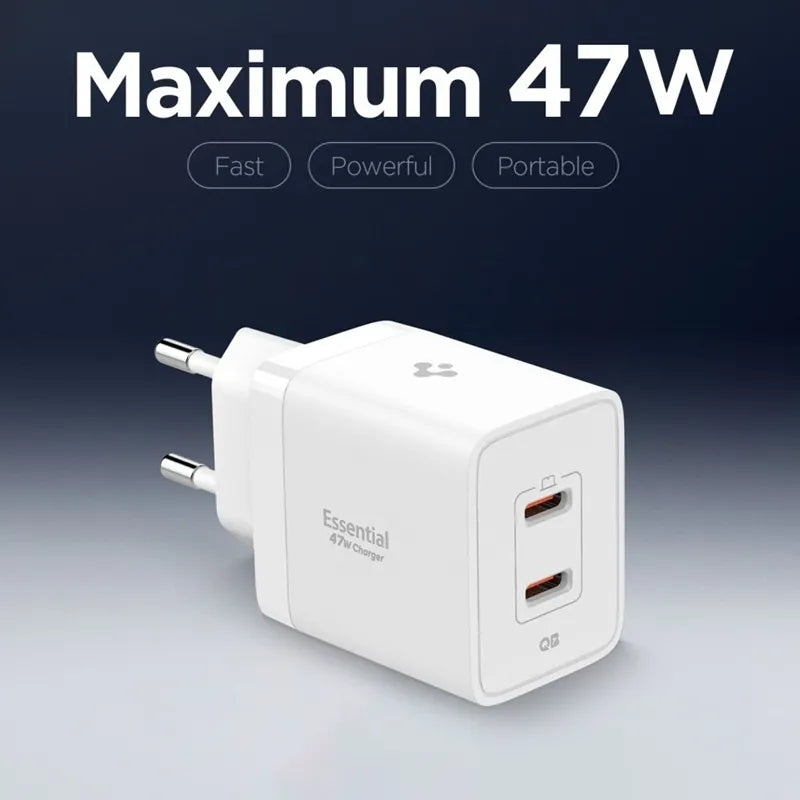 Spigen Essential EE472EU GaN Pro – 2x USB-C 47 W sieninis įkroviklis (baltas)