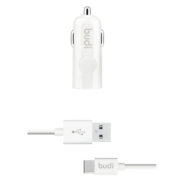 Budi - 1 USB automobilinis įkroviklis su LED indikatoriumi + USB C tipo laidas