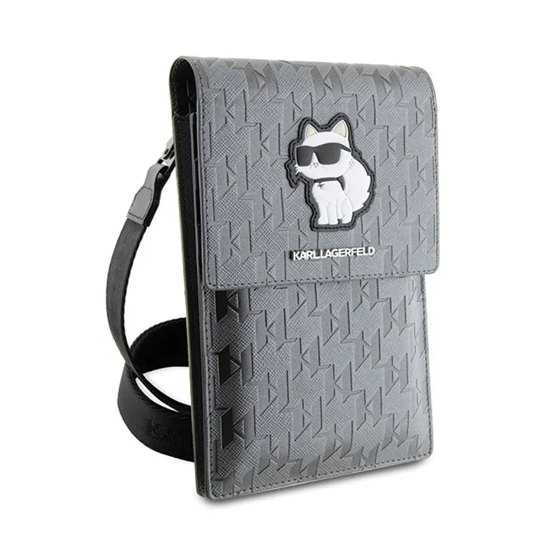 Karl Lagerfeld Saffiano Monogram Choupette – telefono krepšys per petį (sidabrinis)