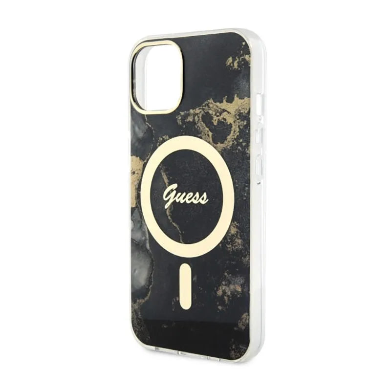 Guess Golden Marble MagSafe – dėklas iPhone 14 (juodas)