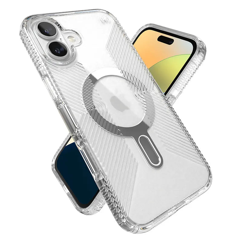 Speck Presidio Perfect-Clear Grip ClickLock & MagSafe – dėklas iPhone 16 Plus (skaidrus / chromuota apdaila / Serene Silver)