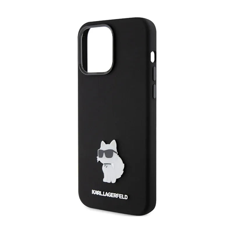 Karl Lagerfeld Silicone Choupette Metal Pin – dėklas iPhone 15 Pro Max (juodas)