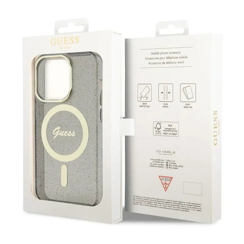 Guess Glitter Gold MagSafe – Dėklas iPhone 14 Pro Max (Juodas)
