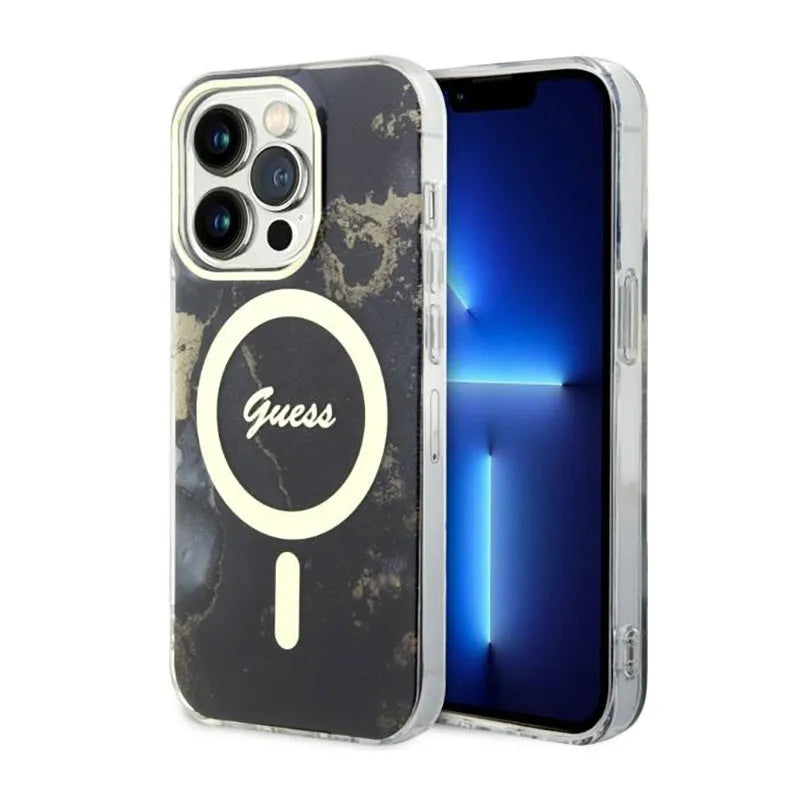 Guess Golden Marble MagSafe - Dėklas iPhone 14 Pro (Juodas)