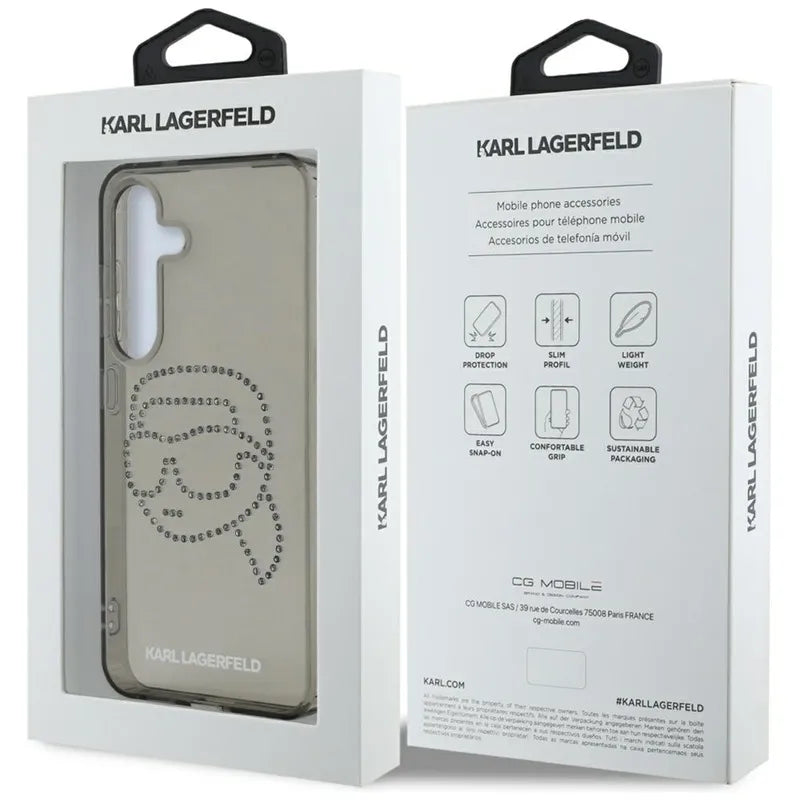 Karl Lagerfeld Rhinestones Karl Head Logo – dėklas Samsung Galaxy S25 telefonui (juodas)