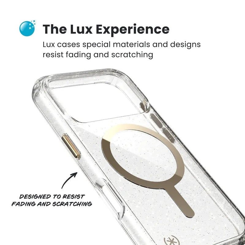 Speck Presidio Lux MagSafe – dėklas iPhone 17 Pro (Blizgučiai / Auksinė metalo spalva)