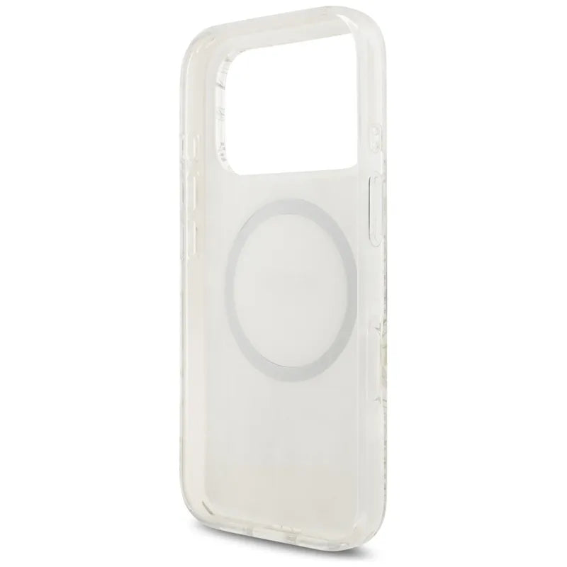 „Guess IML Flowers Electro Pearl Strap MagSafe“ – dėklas „iPhone 17 Pro“ (baltas)