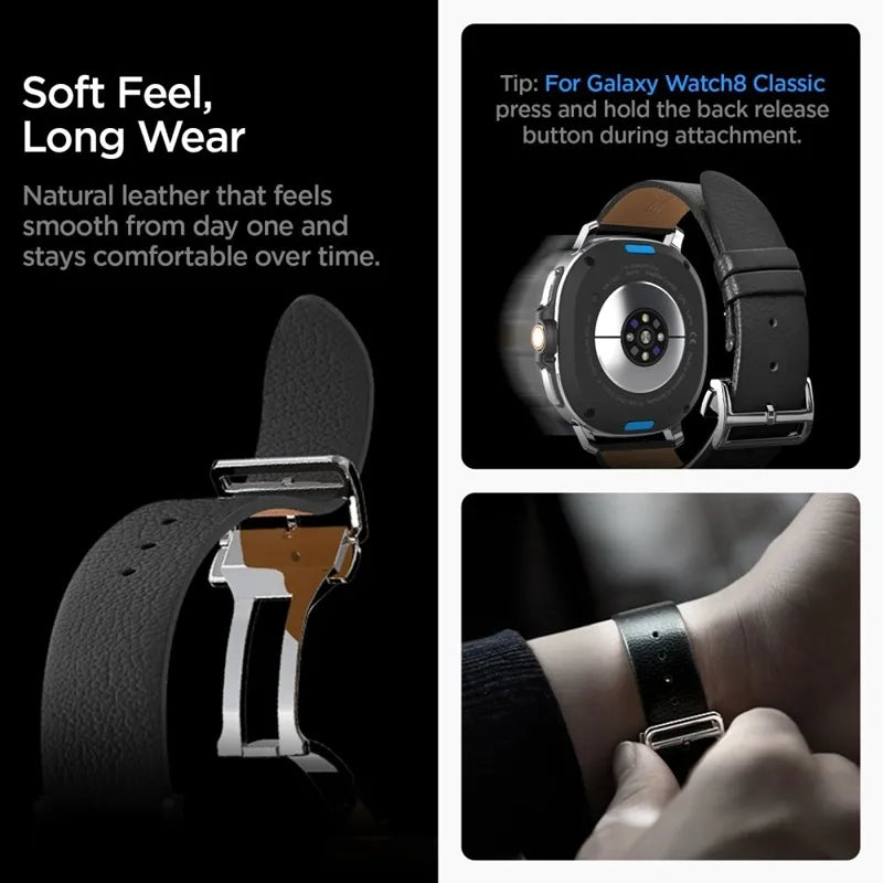 Spigen Enzo – natūralios odos dirželis Samsung Galaxy Watch 8 / 8 Classic 40 / 44 / 46 mm (juodas)