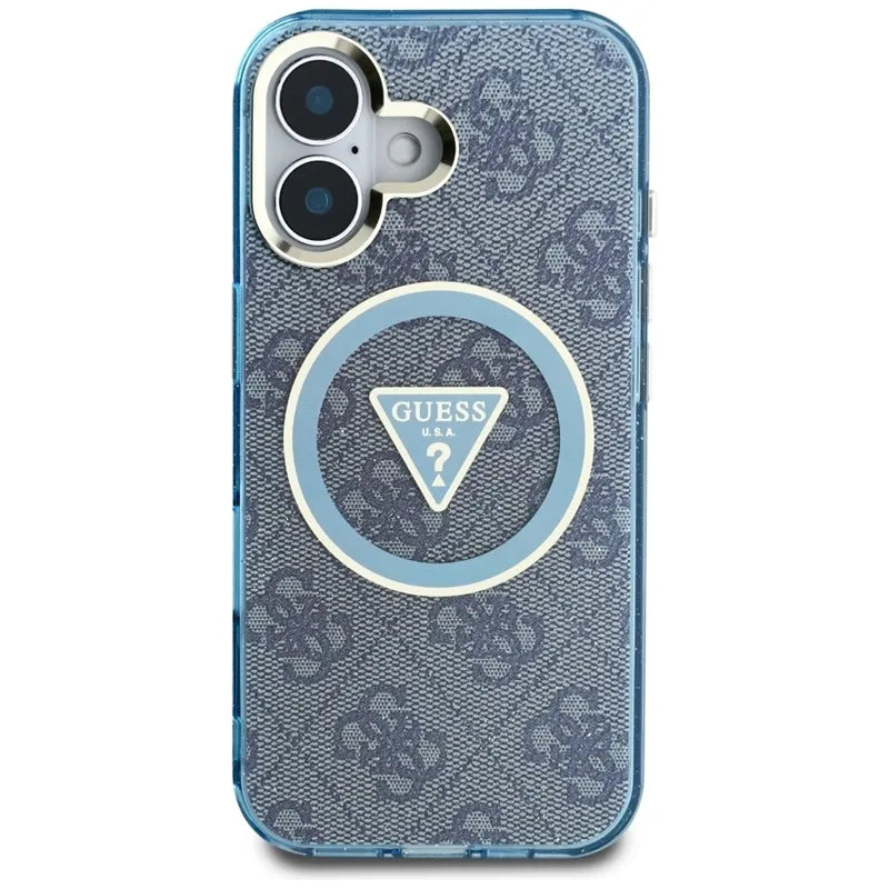 Guess IML Metal Glitter 4G Circle Triangle MagSafe – dėklas iPhone 16 (mėlynas)