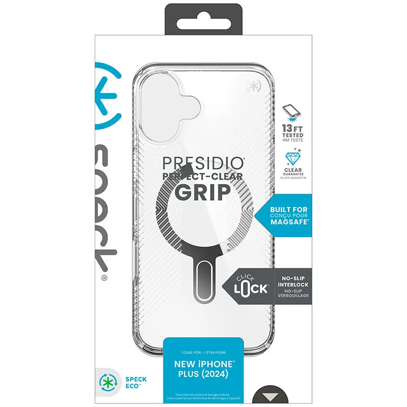 Speck Presidio Perfect-Clear Grip ClickLock & MagSafe – dėklas iPhone 16 Plus (skaidrus / chromuota apdaila / Serene Silver)