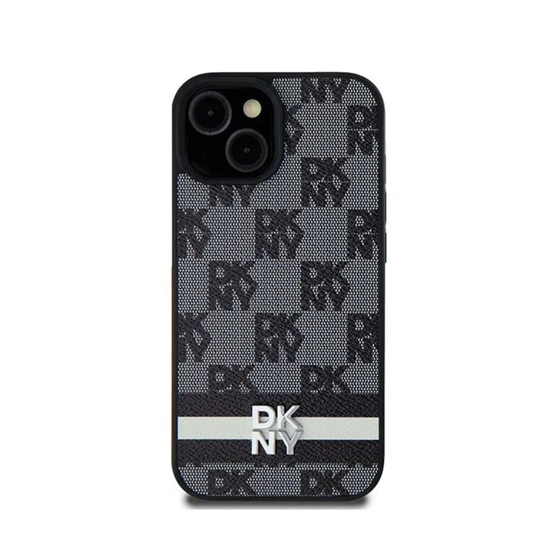 DKNY Leather Checkered Mono Pattern & Printed Stripes – Samsung Galaxy S24 dėklas (juodas)