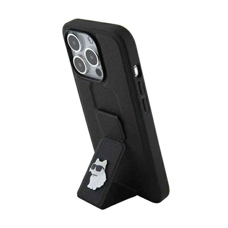 Karl Lagerfeld Gripstand Saffiano Choupette Pins – dėklas iPhone 14 Pro (juodas)