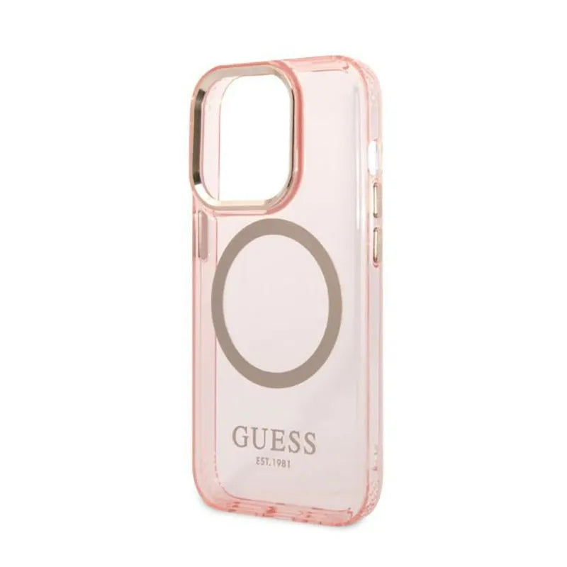 Guess Gold Outline Translucent MagSafe – dėklas iPhone 14 Pro (rožinis)